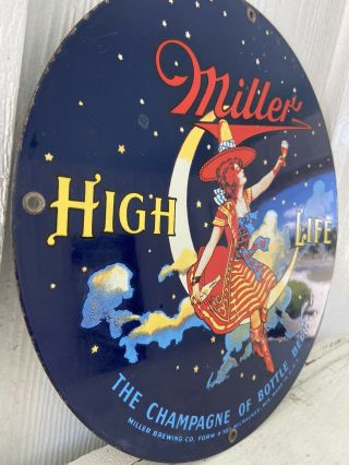 Miller High Life Sign VTG Porcelain Enamel Re - Issue Girl in the Moon Ande Rooney 2