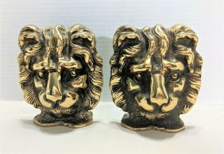 Pair Vintage Heavy Brass Lion Face Head Bookends Made In England