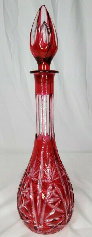 Vintage Cranberry Cut To Clear Wine Decanter W/ Crystal Stopper.