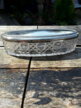 Antique Birmingham 1912c Silver Topped Cut Glass Trinket Box With Gold Gilding