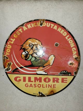 Vintage Gilmore Gasoline Porcelain Gas Oil Service Station Pump Plate Sign