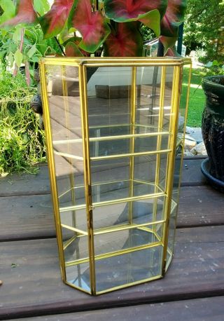 Vintage Small Glass 12 " Display Curio Case Cabinet Mirrored Brass Wall Hanging