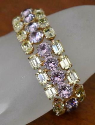 Gorgeous Vintage Signed Weiss Large Pink And Light Yellow Rhinestone Bracelet