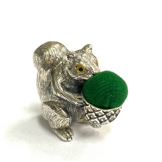 Victorian Style Squirrel Holding Acorn Pin Cushion 925 Sterling Silver Sewing