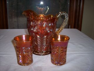 Vintage Imperial Carnival Glass Marigold Tiger Lily Water Pitcher & 2 Tumblers
