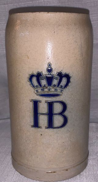 Vintage 7 " German Beer Stein Mug 1 Liter Hb Crown Blue Gray Stoneware