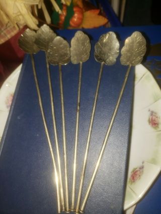 6 Vintage Mexico Sterling Silver Julep Iced Tea Leaf Spoon Straws 7 1/2 "