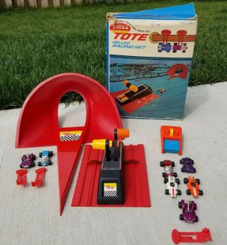 Vintage Tonka Tote Deluxe Racing Set Complete,  5 More Cars Clip Pocket Launcher