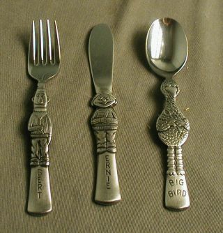 3 Vintage Gorham Sesame Street Fork,  Spoon & Knife - Ernie,  Bert,  Big Bird B Tst