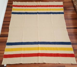 Vintage Montgomery Ward Hudson Bay Style Striped Wool Blanket Red Blue Yellow