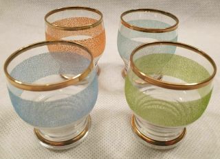 Mid Century Set Of 4 Drinking Glasses With Gold & Coloured Bands Spirits 1950s
