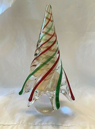 Vintage Murano Art Glass Christmas Tree Gold Fleck W/ Red & Green Twist