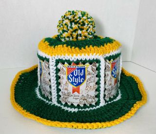 Handmade Crochet Old Style Beer Can Hat Packers Retro Party Cap Man Cave Decor