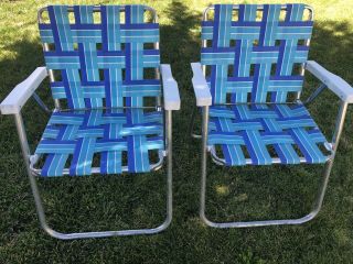Matching Pair Vintage Rio White Teal Blue Webbing Aluminum Folding Lawn Chair