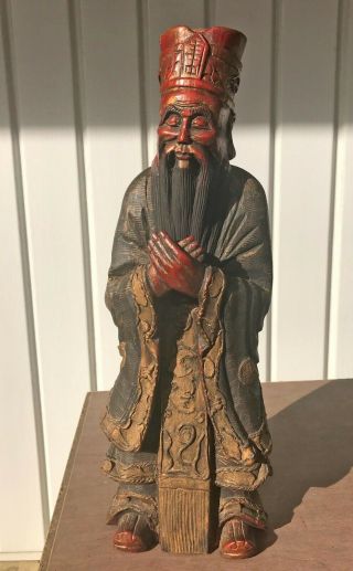 Vintage Asian China Hand Carved Chinese Emperor Heavy Wood Sculpture Statue