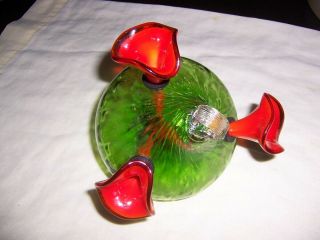 Vintage Hand Blown Art Glass Humming Bird Feeder Green With Red Glass Flowers