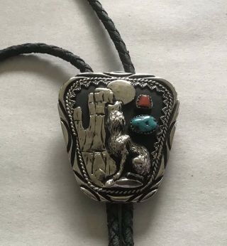 Vintage Native American Western Style Bolo With Turquoise And Coral Wolf Ssi Usa