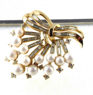 Vintage Trifari Pearl Rhinestone Brooch Earrings Set Costume Jewelry