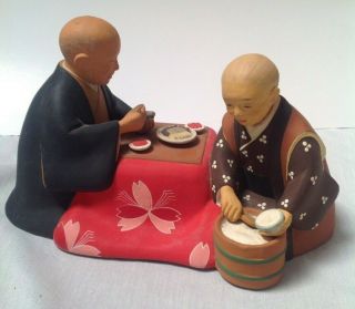 Vintage Japanese Hakata Urasaki Clay Dolls - Man & Woman Sharing Meal - 11 " X 7 "