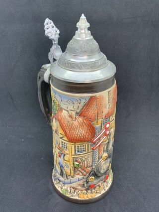 Vintage West German Beer Stein Depicting Bahnof Train Station 9 1/2 Inches Tall