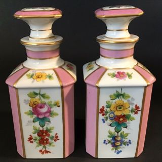 VINTAGE PORCELAIN PERFUME BOTTLES HAND PAINTED SET OF 2 FRENCH STYLE 5 1/2 