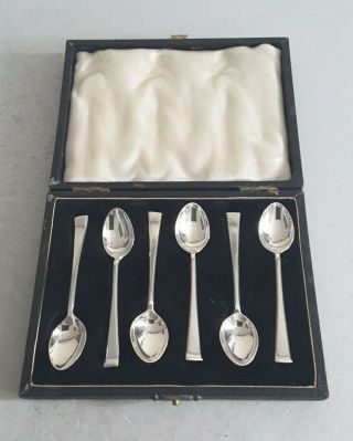 , Cased Set 6 Deco Vintage Solid Silver Coffee Spoons.  45gms.  Sheff.  1938.