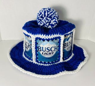 Handmade Crochet Busch Light Beer Can Hat Retro Party Cap