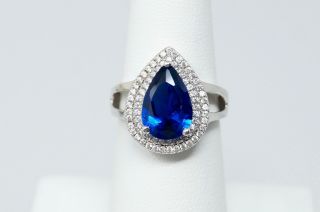 Vintage Designer Fini Large Blue Sapphire Moissanite Ring Sterling Silver Sz 6
