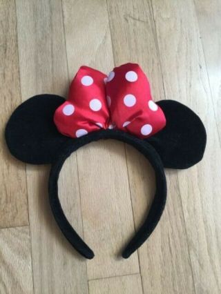 Disney Minnie Mouse Ears Headband Black Velvet Red Satin Polka Dot Bow