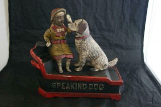 Vintage Heavy Cast Iron Speaking Dog Money Bank Fine In Cond