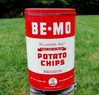 Vintage Be Mo Bemo Potato Chip 1 Lb Advertising Tin Can Display Kalamazoo Mich