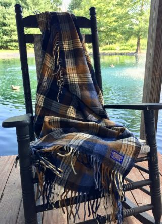 Vintage Pendleton Virgin Wool Throw Blanket Blue Brown Plaid Fringed Usa