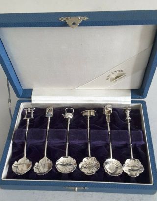 Cased Set 6 Japanese Vintage Solid Silver Spoons.  42gms.  C.  1950.