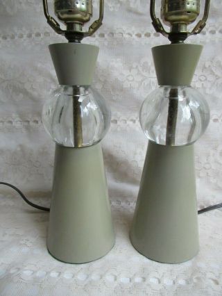 Pair Vintage Mcm Atomic Gray Wood & Glass Ball Lamps 16 " Tall Small Tabletop