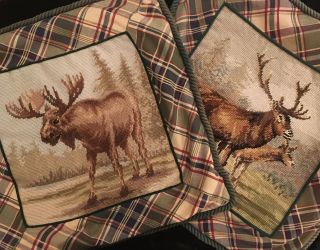Pair Vintage Wool Needlepoint Handmade Accent Pillow Covers Elk & Moose 16”x16”