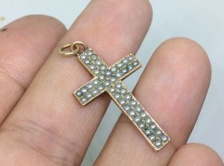 Antique Victorian 9ct Rolled Gold Cross Pearl Set Pendant Fob Charm