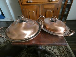Vintage 2 Gregorian Solid Copper Covered Serving Bowls / Glass Oven Safe Inserts