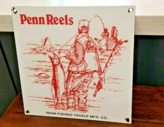 Vintage Penn Fishing Tackle Porcelain Saltwater Reels Sales Gas Oil Lures Sign