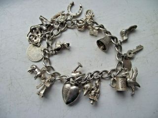 Vintage Solid Silver Curb Link Charm Bracelet With 19 Charms 51.  5g See Pictures