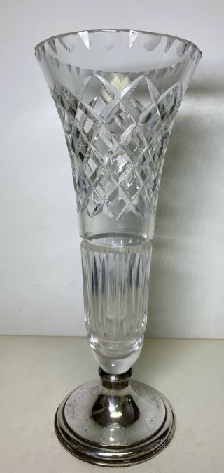 Antique Cut Crystal Flower Vase With Sterling Silver Bottom By Hawkes 12 Inch