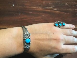 Vintage Native American Signed Py Sterling Silver 925 Turquoise Bracelet & Ring