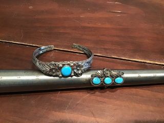 Vintage Native American Signed PY Sterling Silver 925 Turquoise Bracelet & Ring 2