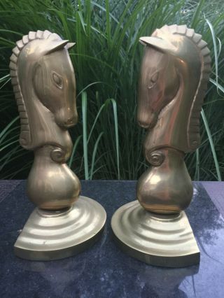 Solid Brass Horse Head Bookends Vtg Hollywood Regency Lg Knight Chess Piece