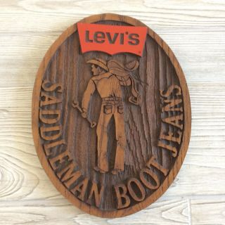 Levi’s Saddleman Boot Jeans Store Display Sign 11x8.  5 Oval Faux Wood Vtg