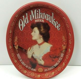 Old Milwaukee Schlitz Beer 15 " Oval Metal Serving Tray Advertising Lady In Red