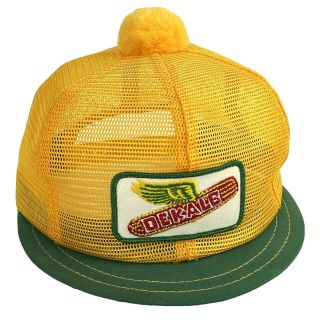 Vintage Dekalb Seed Corn Pom Trucker Cap Hat Mesh Yellow Green Snap Back K Brand