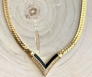 Vintage Christian Dior Designer Necklace Gold Tone Black Enamel With Rhynestones