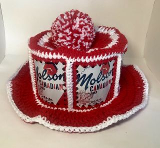 Handmade Crochet Molson Canadian Lager Beer Can Hat Retro Hipster Party Cap
