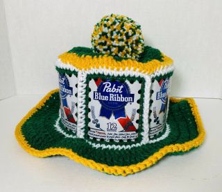 Handmade Crochet Pabst Blue Ribbon Beer Can Hat Packers Retro Party Cap