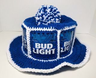 Handmade Crochet Bud Light Beer Can Hat Retro Royal Blue Party Cap